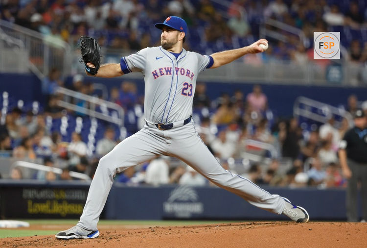 Jul 22, 2024; Miami, Florida, USA;  New York Mets starting pitcher David Peterson (23) pitches against the Miami Marlins in the second inning at loanDepot Park. Credit: Rhona Wise-USA TODAY Sports