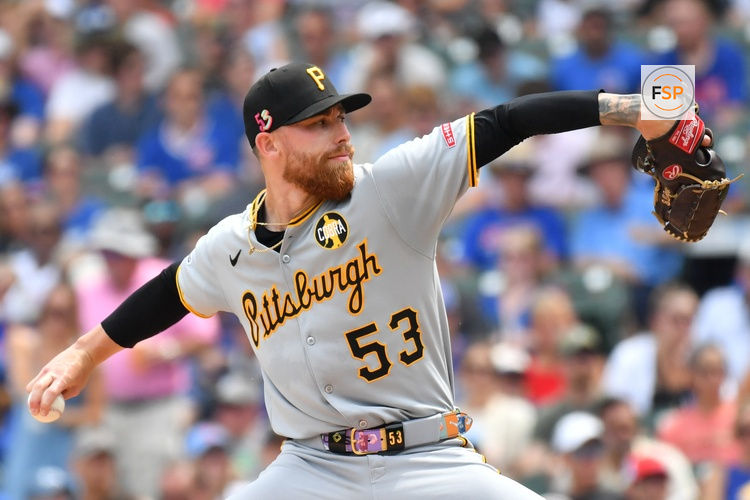 Aug 16, 2025; Chicago, Illinois, USA; Pittsburgh Pirates starting pitcher Mike Burrows (53) pitches during a game against the Chicago Cubs at Wrigley Field. Credit: Patrick Gorski-Imagn Images