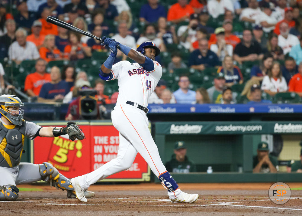 HOUSTON, TX - SEPTEMBER 13:  Houston Astros left fielder Yordan Alvarez (44) swings and misses in the bottom of the first inning during the MLB game between the Oakland Athletics and Houston Astros on September 13, 2023 Minute Maid Park in Houston, Texas.  (Photo by Leslie Plaza Johnson/Icon Sportswire)