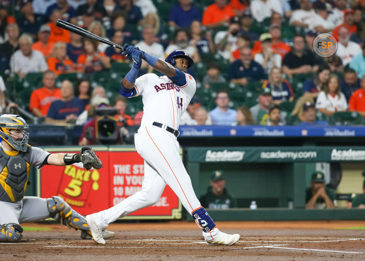 HOUSTON, TX - SEPTEMBER 13:  Houston Astros left fielder Yordan Alvarez (44) swings and misses in the bottom of the first inning during the MLB game between the Oakland Athletics and Houston Astros on September 13, 2023 Minute Maid Park in Houston, Texas.  (Photo by Leslie Plaza Johnson/Icon Sportswire)