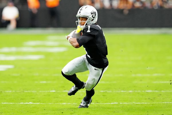 Oct 12, 2025; Paradise, Nevada, USA; Las Vegas Raiders wide receiver Tre Tucker (1) makes a catch during the first half against the Tennessee Titans at Allegiant Stadium. Mandatory Credit: Stephen R. Sylvanie-Imagn Images