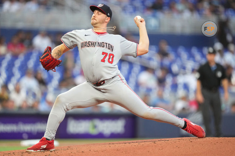 Apr 11, 2025; Miami, Florida, USA;  Washington Nationals pitcher Mitchell Parker (70) pitches against the Miami Marlins in the first inning at loanDepot Park. Credit: Jim Rassol-Imagn Images