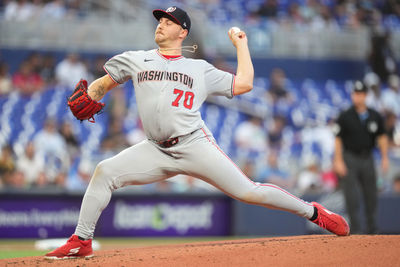 Apr 11, 2025; Miami, Florida, USA;  Washington Nationals pitcher Mitchell Parker (70) pitches against the Miami Marlins in the first inning at loanDepot Park. Mandatory Credit: Jim Rassol-Imagn Images