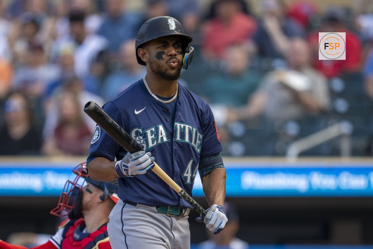 Jun 23, 2025; Minneapolis, Minnesota, USA; Seattle Mariners center fielder Julio Rodriguez (44) reacts after a called third strike against the Minnesota Twins in the first inning at Target Field. Credit: Jesse Johnson-Imagn Images