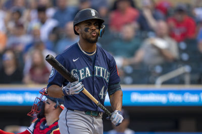 Jun 23, 2025; Minneapolis, Minnesota, USA; Seattle Mariners center fielder Julio Rodriguez (44) reacts after a called third strike against the Minnesota Twins in the first inning at Target Field. Mandatory Credit: Jesse Johnson-Imagn Images