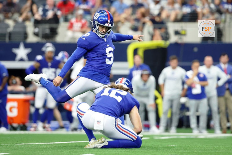 Sep 14, 2025; Arlington, Texas, USA; New York Giants place kicker Graham Gano (9) attempts a field goal against the Dallas Cowboys during the third quarter at AT&T Stadium. Credit: Kevin Jairaj-Imagn Images