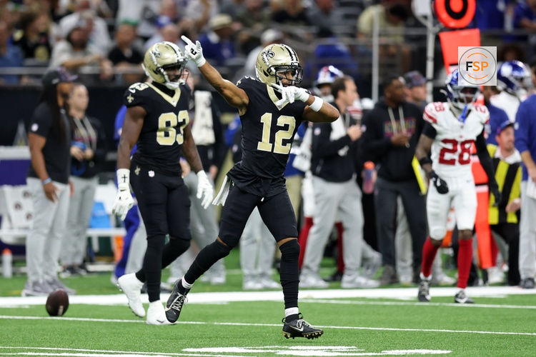 Oct 5, 2025; New Orleans, Louisiana, USA; New Orleans Saints wide receiver Chris Olave (12) reacts after a play against the New York Giants during the second half at Caesars Superdome. Credit: Stephen Lew-Imagn Images
