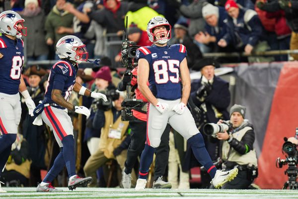 Jan 11, 2026; Foxborough, MA, USA; New England Patriots tight end Hunter Henry (85) celebrates after scoring a touchdown during the fourth quarter against the Los Angeles Chargers in an AFC Wild Card Round game at Gillette Stadium. Mandatory Credit: David Butler II-Imagn Images
