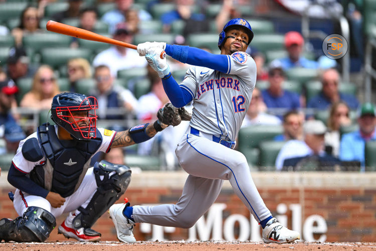 ATLANTA, GA – APRIL 11:  New York shortstop Francisco Lindor (12) swings at a pitch during the MLB game between the New York Mets and the Atlanta Braves on April 11th, 2024 at Truist Park in Atlanta, GA. (Photo by Rich von Biberstein/Icon Sportswire)