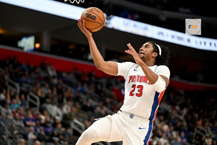 Jan 7, 2026; Detroit, Michigan, USA; Detroit Pistons guard Jaden Ivey (23) shoots the ball against the Chicago Bulls in the second quarter at Little Caesars Arena. Credit: Lon Horwedel-Imagn Images