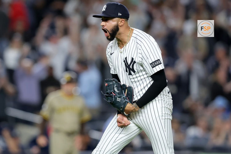 May 7, 2025; Bronx, New York, USA; New York Yankees relief pitcher Devin Williams (38) reacts after the top of the tenth inning against the San Diego Padres at Yankee Stadium. Credit: Brad Penner-Imagn Images