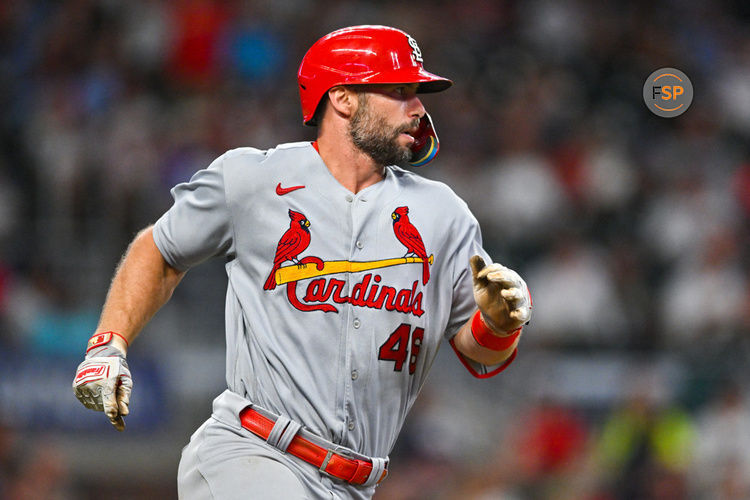 ATLANTA, GA – SEPTEMBER 06:  St. Louis first baseman Paul Goldschmidt (46) runs to first base during the MLB game between the St Louis Cardinals and the Atlanta Braves on September 6th, 2023 at Truist Park in Atlanta, GA. (Photo by Rich von Biberstein/Icon Sportswire)