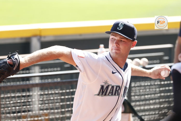 Aug 22, 2026; Seattle, Washington, USA; Seattle Mariners starting pitcher Kade Anderson (13) warms up in the bullpen before a game against the Chicago Cubs at T-Mobile Park. Credit: Joe Nicholson-Imagn Images