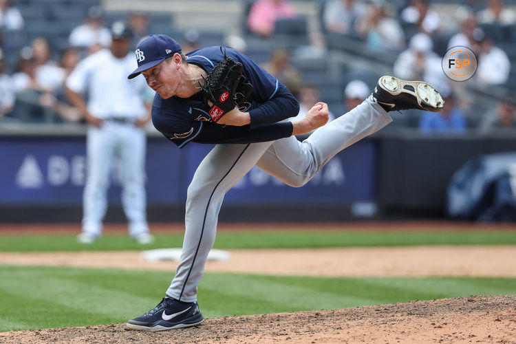 May 3, 2025; Bronx, New York, USA;  Tampa Bay Rays relief pitcher Pete Fairbanks (29) pitches in the ninth inning against the New York Yankees at Yankee Stadium. Credit: Wendell Cruz-Imagn Images