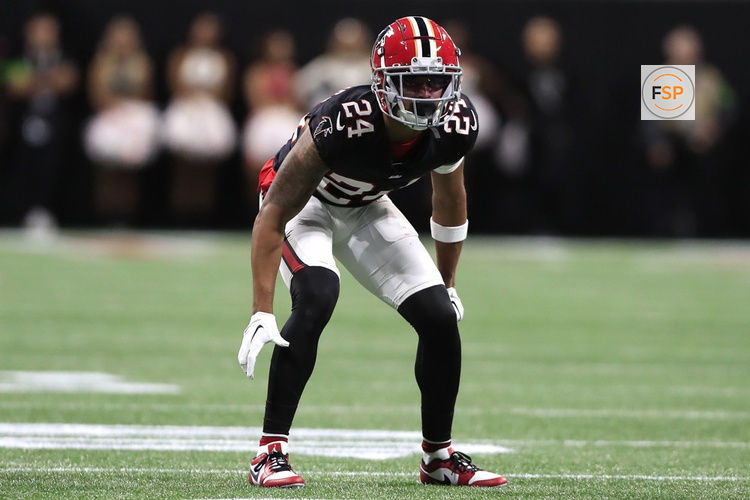 ATLANTA, GA - OCTOBER 15: Atlanta Falcons cornerback A.J. Terrell (24) during the week 6 NFL game between the Atlanta Falcons and the Washington Commanders on October 15, 2023 at Mercedes-Benz Stadium in Atlanta, Georgia.  (Photo by David J. Griffin/Icon Sportswire)