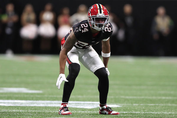 ATLANTA, GA - OCTOBER 15: Atlanta Falcons cornerback A.J. Terrell (24) during the week 6 NFL game between the Atlanta Falcons and the Washington Commanders on October 15, 2023 at Mercedes-Benz Stadium in Atlanta, Georgia.  (Photo by David J. Griffin/Icon Sportswire)