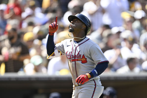 Mar 27, 2025; San Diego, California, USA; Atlanta Braves second baseman Ozzie Albies (1) points skyward after hitting two-run home run during the third inning of a baseball game against the San Diego Padres at Petco Park. Mandatory Credit: Denis Poroy-Imagn Images