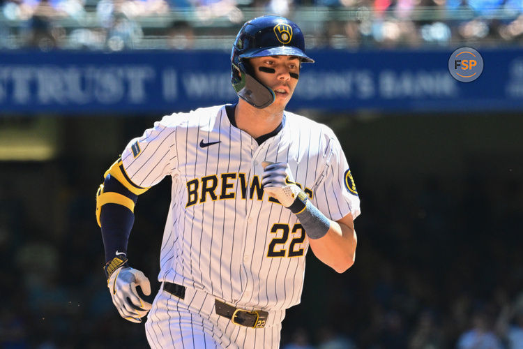 Jun 30, 2024; Milwaukee, Wisconsin, USA; Milwaukee Brewers left fielder Christian Yelich (22) runs the bases after hitting a two run home run in the fourth inning against the Chicago Cubs at American Family Field. Credit: Benny Sieu-USA TODAY Sports