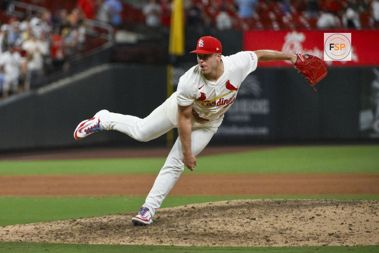 Jul 24, 2025; St. Louis, Missouri, USA;  St. Louis Cardinals relief pitcher Ryan Helsley (56) pitches against the San Diego Padres during the ninth inning at Busch Stadium. Credit: Jeff Curry-Imagn Images