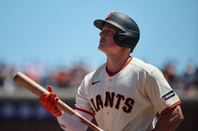 Jun 14, 2026; San Francisco, California, USA; San Francisco Giants infielder Matt Chapman (26) looks on while batting against the Chicago Cubs during the seventh inning at Oracle Park. Mandatory Credit: Robert Edwards-Imagn Images