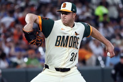 May 29, 2026; Baltimore, Maryland, USA; Baltimore Orioles pitcher Trevor Rogers (28) throws during the sixth inning against the Toronto Blue Jays at Oriole Park at Camden Yards. Mandatory Credit: Daniel Kucin Jr.-Imagn Images