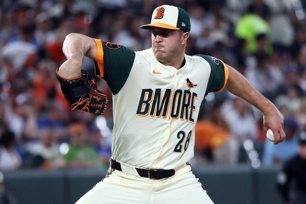 May 29, 2026; Baltimore, Maryland, USA; Baltimore Orioles pitcher Trevor Rogers (28) throws during the sixth inning against the Toronto Blue Jays at Oriole Park at Camden Yards. Mandatory Credit: Daniel Kucin Jr.-Imagn Images
