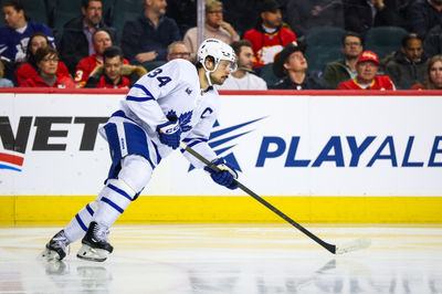 Feb 4, 2025; Calgary, Alberta, CAN; Toronto Maple Leafs center Auston Matthews (34) skates against the Calgary Flames during the second period at Scotiabank Saddledome. Mandatory Credit: Sergei Belski-Imagn Images