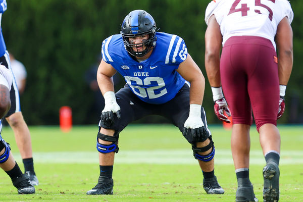 DURHAM, NC - NOVEMBER 12: Graham Barton (62) of the Duke Blue Devils gets set on the line during a football game between the Duke Blue Devils and the Virginia Tech Hokies on Nov 12, 2022 at Wallace Wade Stadium in Durham, NC. (Photo by David Jensen/Icon Sportswire)