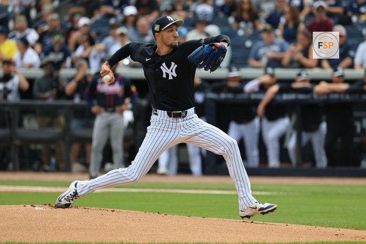 Feb 26, 2026; Tampa, Florida, USA; New York Yankees starting pitcher Elmer Rodriguez (76) throws a pitch against the Atlanta Braves during the first inning at George M. Steinbrenner Field. Credit: Kim Klement Neitzel-Imagn Images
