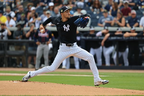Feb 26, 2026; Tampa, Florida, USA; New York Yankees starting pitcher Elmer Rodriguez (76) throws a pitch against the Atlanta Braves during the first inning at George M. Steinbrenner Field. Mandatory Credit: Kim Klement Neitzel-Imagn Images