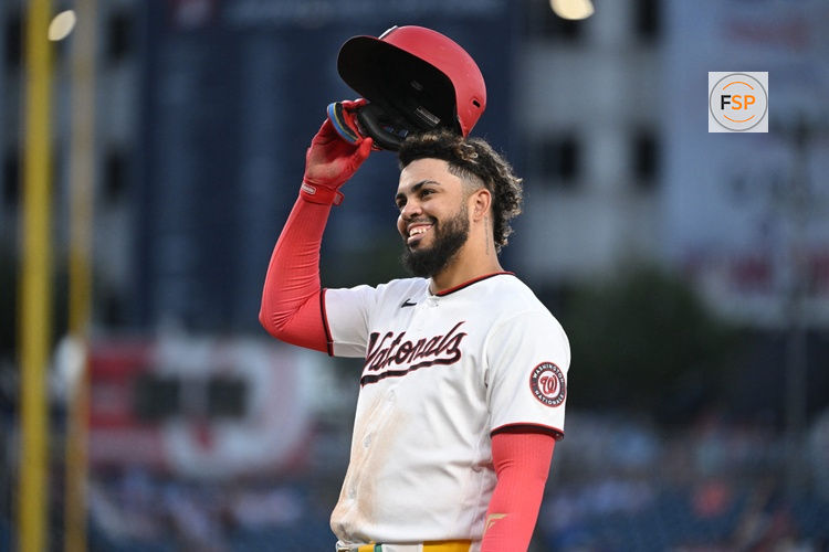 Jun 24, 2026; Washington, District of Columbia, USA; Washington Nationals first baseman Luis Garcia Jr. (2) reacts after hitting a single against the Philadelphia Phillies during the fifth inning at Nationals Park. Credit: Rafael Suanes-Imagn Images