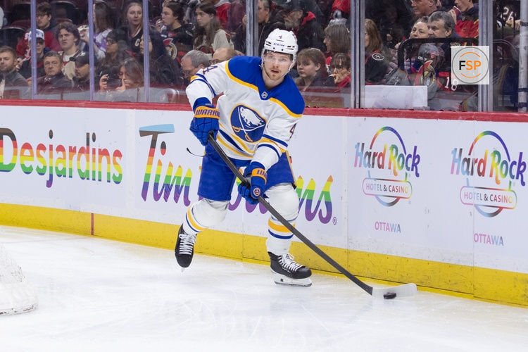 Apr 2, 2026; Ottawa, Ontario, CAN; Buffalo Sabres defenseman Bowen Byram (4) skates with the puck in the first period against the Ottawa Senators at the Canadian Tire Centre. Credit: Marc DesRosiers-IMAGN Images