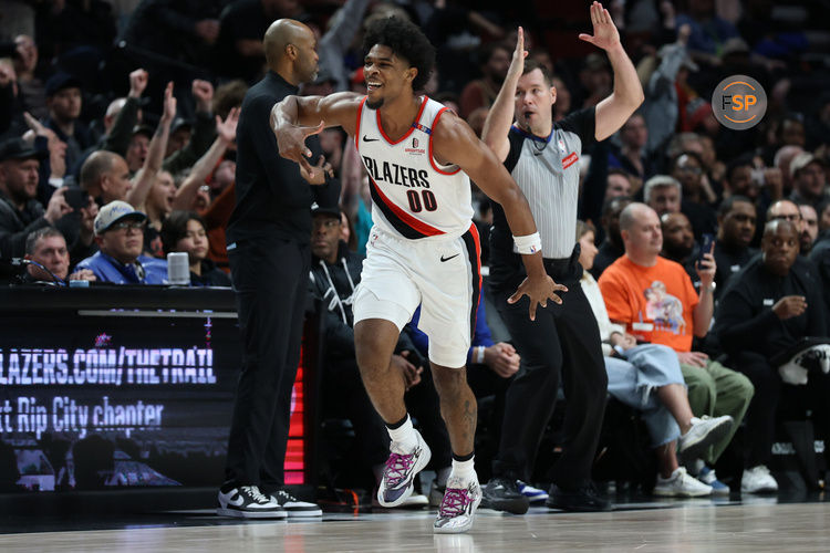 Jan 30, 2025; Portland, Oregon, USA; Portland Trail Blazers guard Scoot Henderson (00) reacts after making a three-point shot against the Orlando Magic in the second half at Moda Center. Credit: Jaime Valdez-Imagn Images