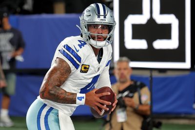 Sep 13, 2026; East Rutherford, New Jersey, USA; Dallas Cowboys quarterback Dak Prescott (4) warms up before a game against the New York Giants at MetLife Stadium. Mandatory Credit: Brad Penner-Imagn Images
