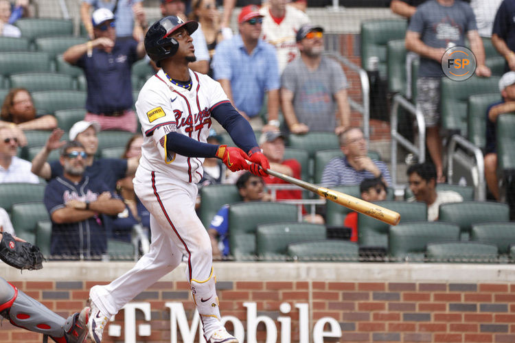 ATLANTA, GA - JULY 20: Atlanta Braves second baseman Ozzie Albies #1 reacts after hitting the game winning sacrifice fly in the 10th inning during game 1 of the MLB doubleheader between the Saint Louis Cardinals and the Atlanta Braves on July 20, 2024 at TRUIST Park in Atlanta, GA. (Photo by Jeff Robinson/Icon Sportswire)