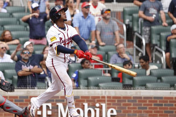 ATLANTA, GA - JULY 20: Atlanta Braves second baseman Ozzie Albies #1 reacts after hitting the game winning sacrifice fly in the 10th inning during game 1 of the MLB doubleheader between the Saint Louis Cardinals and the Atlanta Braves on July 20, 2024 at TRUIST Park in Atlanta, GA. (Photo by Jeff Robinson/Icon Sportswire)