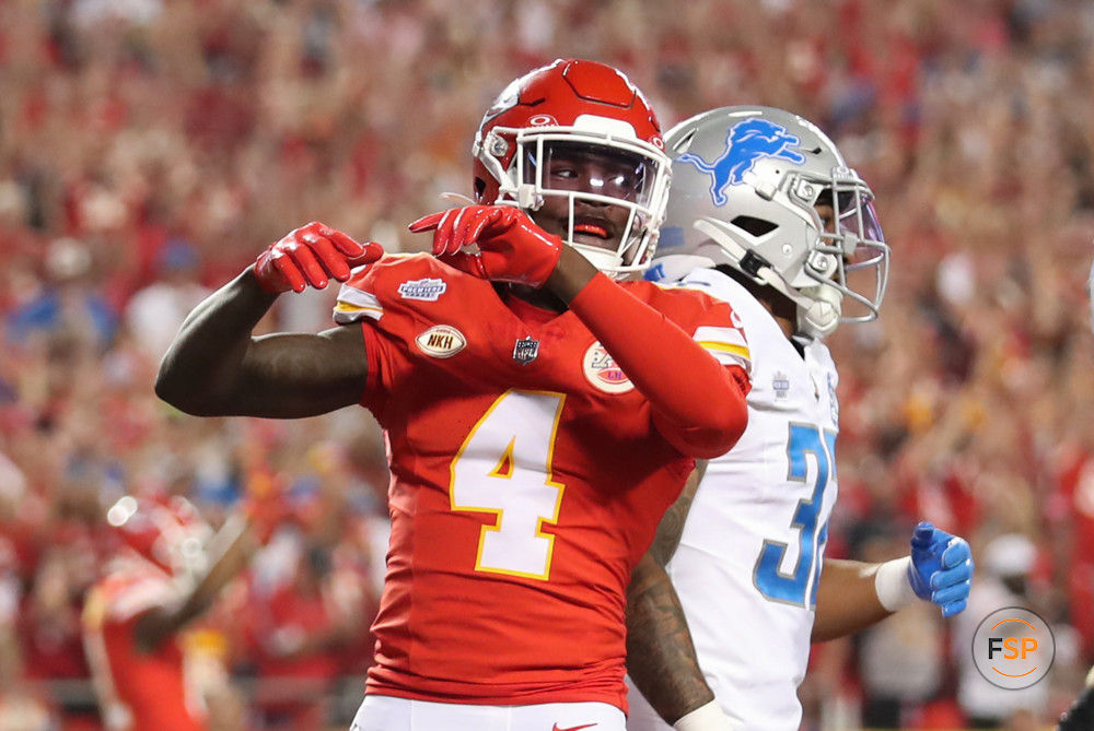KANSAS CITY, MO - SEPTEMBER 07: Kansas City Chiefs wide receiver Rashee Rice (4) celebrates a 1-yard touchdown reception in the second quarter of an NFL game between the Detroit Lions and Kansas City Chiefs on Sep 7, 2023 at GEHA Field at Arrowhead Stadium in Kansas City, MO. (Photo by Scott Winters/Icon Sportswire)