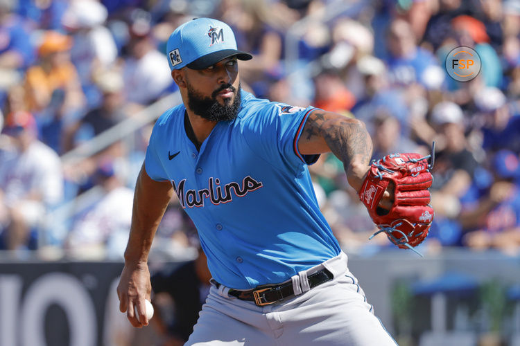 Feb 23, 2025; Port St. Lucie, Florida, USA;  Miami Marlins pitcher Sandy Alcantara (22) throws during the first inning against the New York Mets at Clover Park. Credit: Reinhold Matay-Imagn Images