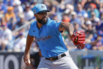 Feb 23, 2025; Port St. Lucie, Florida, USA;  Miami Marlins pitcher Sandy Alcantara (22) throws during the first inning against the New York Mets at Clover Park. Mandatory Credit: Reinhold Matay-Imagn Images