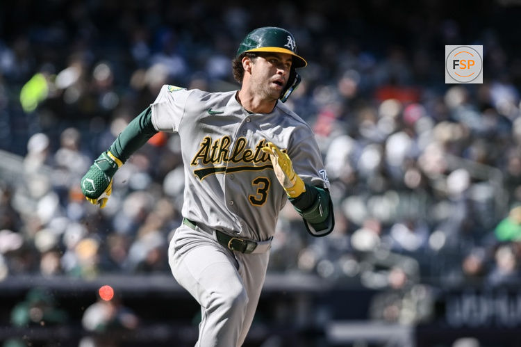 Apr 9, 2026; Bronx, New York, USA; Athletics third baseman Max Muncy (3) runs the bases after hitting a double against the New York Yankees during the ninth inning at Yankee Stadium. Credit: John Jones-Imagn Images