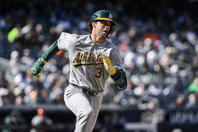 Apr 9, 2026; Bronx, New York, USA; Athletics third baseman Max Muncy (3) runs the bases after hitting a double against the New York Yankees during the ninth inning at Yankee Stadium. Mandatory Credit: John Jones-Imagn Images