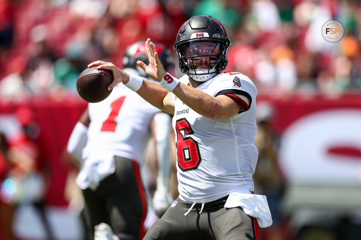 Sep 29, 2024; Tampa, Florida, USA; Tampa Bay Buccaneers quarterback Baker Mayfield (6) drops back to pass against the Philadelphia Eagles in the first quarter at Raymond James Stadium. Credit: Nathan Ray Seebeck-Imagn Images