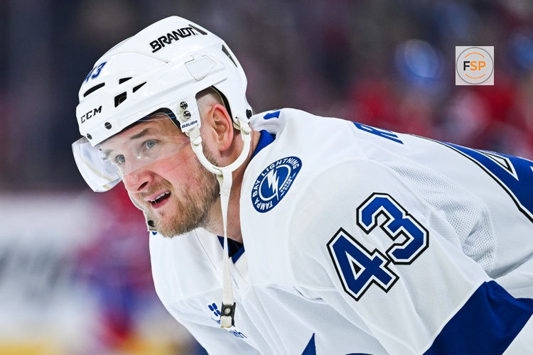 Apr 26, 2026; Montreal, Quebec, CAN; Tampa Bay Lightning defenseman Darren Raddysh (43) looks on during warm-up before the game against the Montreal Canadiens in game four of the first round of the 2026 Stanley Cup Playoffs at Bell Centre. Credit: David Kirouac-Imagn Images