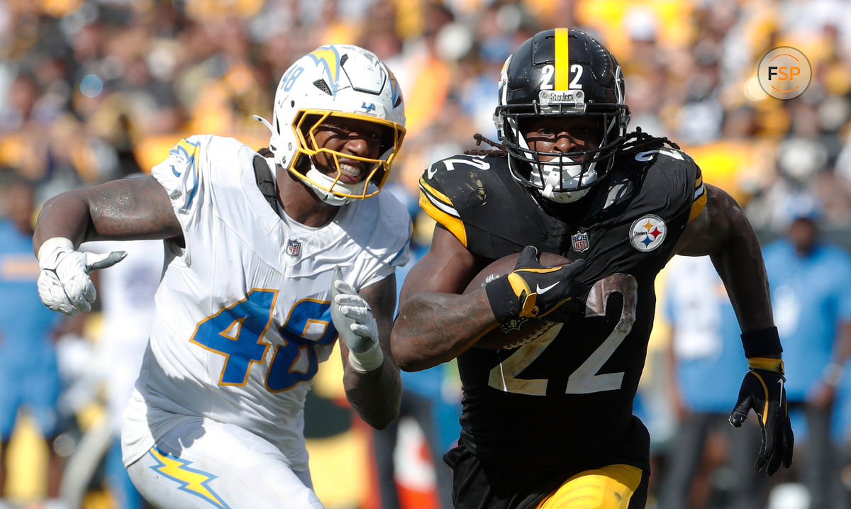 Sep 22, 2024; Pittsburgh, Pennsylvania, USA;  Pittsburgh Steelers running back Najee Harris (22) runs the ball as Los Angeles Chargers Los Angeles Chargers linebacker Bud Dupree (48) chases during the fourth quarter at Acrisure Stadium. Pittsburgh won 20-10. Credit: Charles LeClaire-Imagn Images