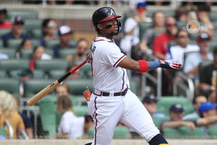 ATLANTA, GA - SEPTEMBER 10: Atlanta Braves right fielder Ronald Acuna Jr. #13 swings the bat during the MLB game between the Pittsburg Pirates and the Atlanta Braves on September 10, 2023 at TRUIST Park in Atlanta, GA. (Photo by Jeff Robinson/Icon Sportswire)