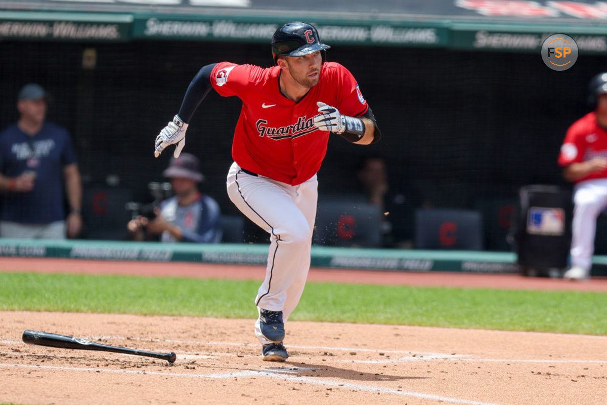 CLEVELAND, OH - JUNE 23: Cleveland Guardians catcher David Fry (6) singles to drive in a run during the first inning of the Major League Baseball game between the Toronto Blue Jays and Cleveland Guardians on June 23, 2024, at Progressive Field in Cleveland, OH. (Photo by Frank Jansky/Icon Sportswire)