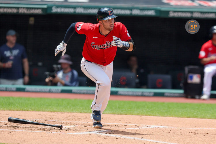 CLEVELAND, OH - JUNE 23: Cleveland Guardians catcher David Fry (6) singles to drive in a run during the first inning of the Major League Baseball game between the Toronto Blue Jays and Cleveland Guardians on June 23, 2024, at Progressive Field in Cleveland, OH. (Photo by Frank Jansky/Icon Sportswire)