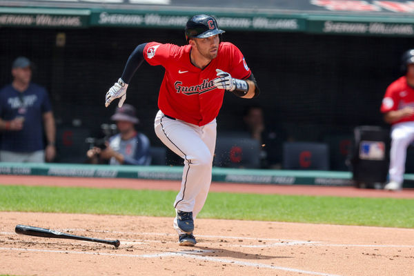 CLEVELAND, OH - JUNE 23: Cleveland Guardians catcher David Fry (6) singles to drive in a run during the first inning of the Major League Baseball game between the Toronto Blue Jays and Cleveland Guardians on June 23, 2024, at Progressive Field in Cleveland, OH. (Photo by Frank Jansky/Icon Sportswire)