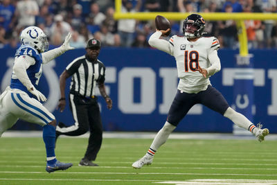 Sep 22, 2024; Indianapolis, Indiana, USA; Indianapolis Colts linebacker Zaire Franklin (44) pressures Chicago Bears quarterback Caleb Williams (18) on  during a game against the Chicago Bears at Lucas Oil Stadium. Mandatory Credit: Christine Tannous USA TODAY Network via Imagn Images