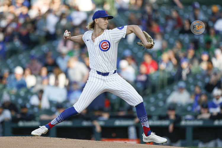 May 13, 2025; Chicago, Illinois, USA; Chicago Cubs starting pitcher Ben Brown (32) delivers a pitch against the Miami Marlins during the first inning at Wrigley Field. Credit: Kamil Krzaczynski-Imagn Images